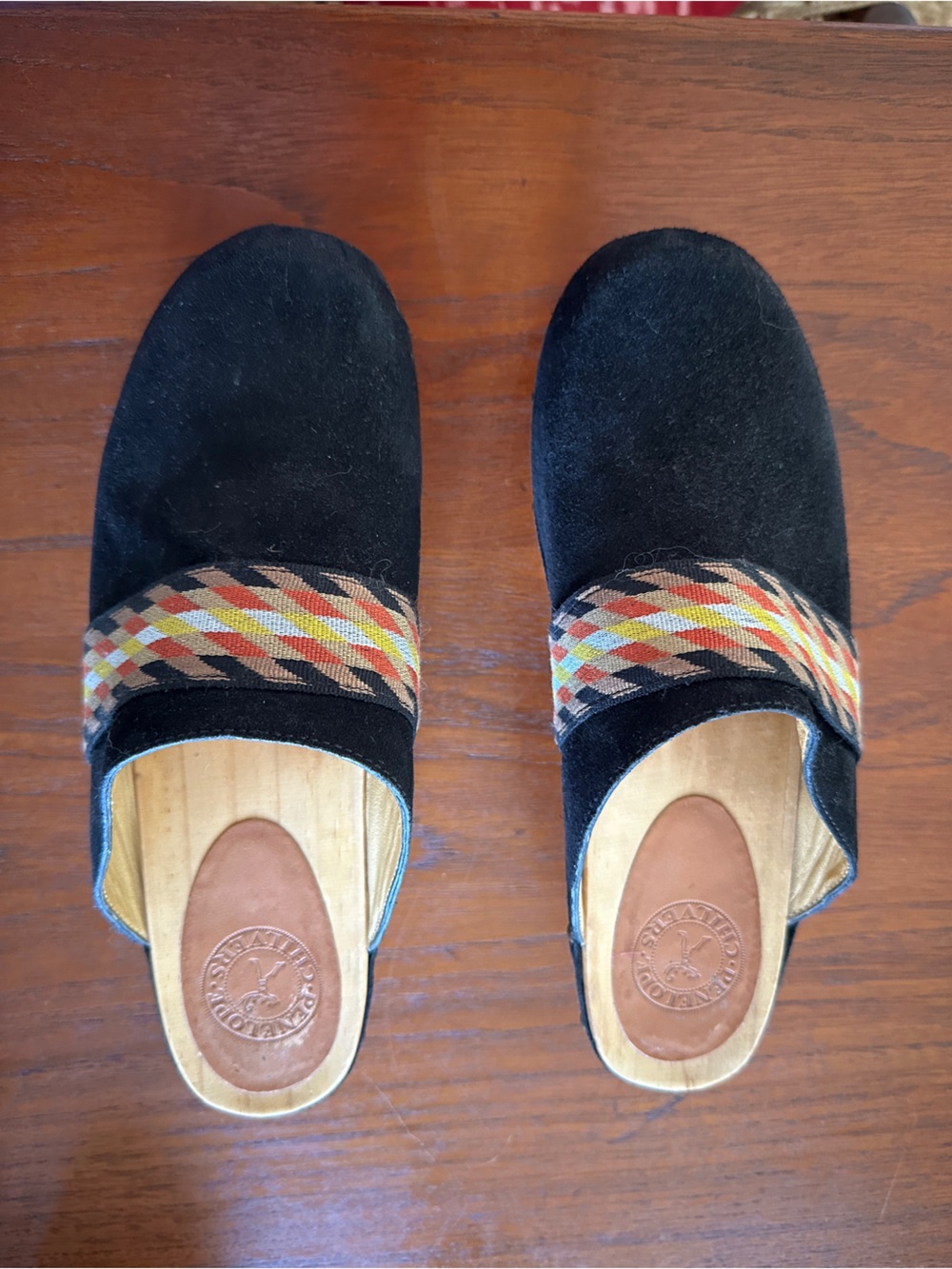 Penelope Chilvers Black Suede clogs with Multicolor Woven Strap